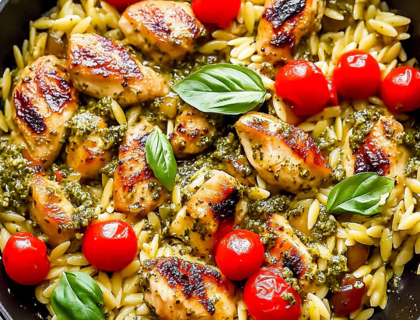 One Pan Pesto Chicken and Orzo