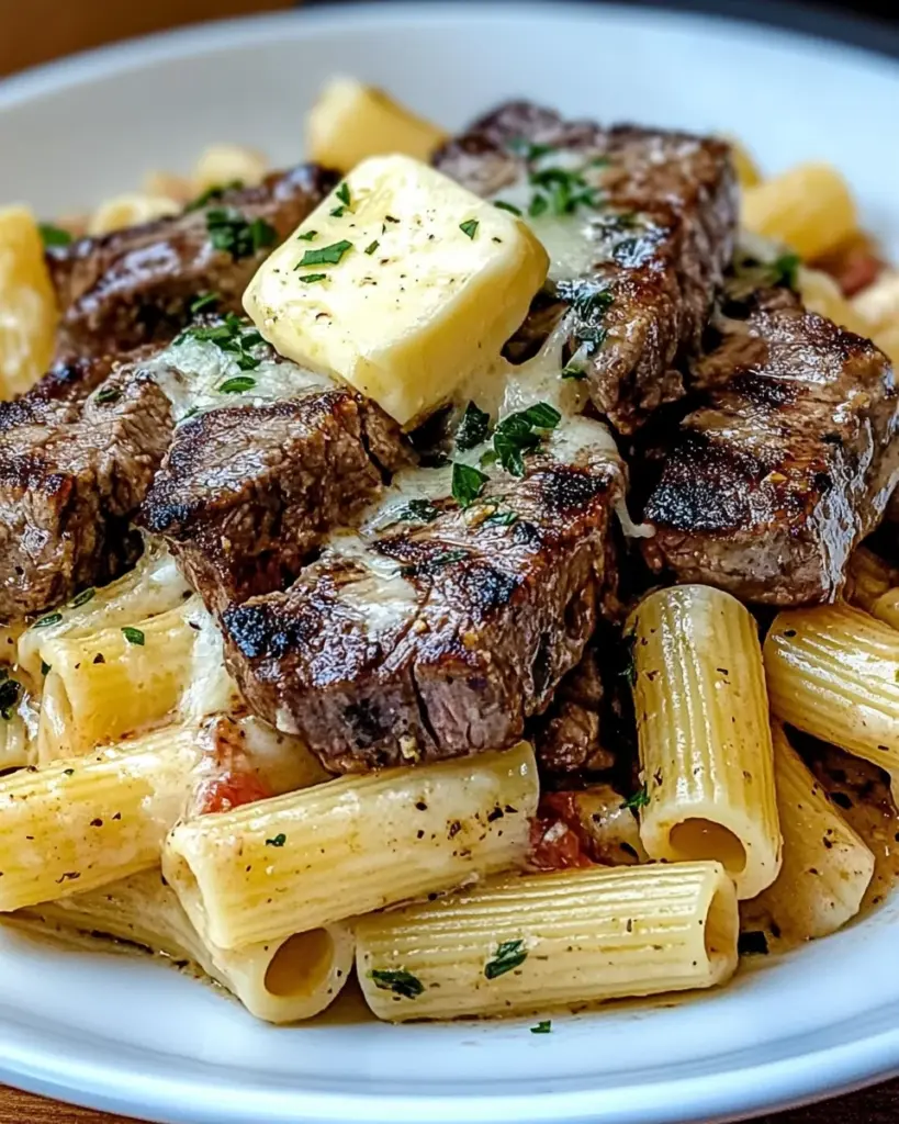 Garlic Butter Steak Tips with Cheesy Rigatoni