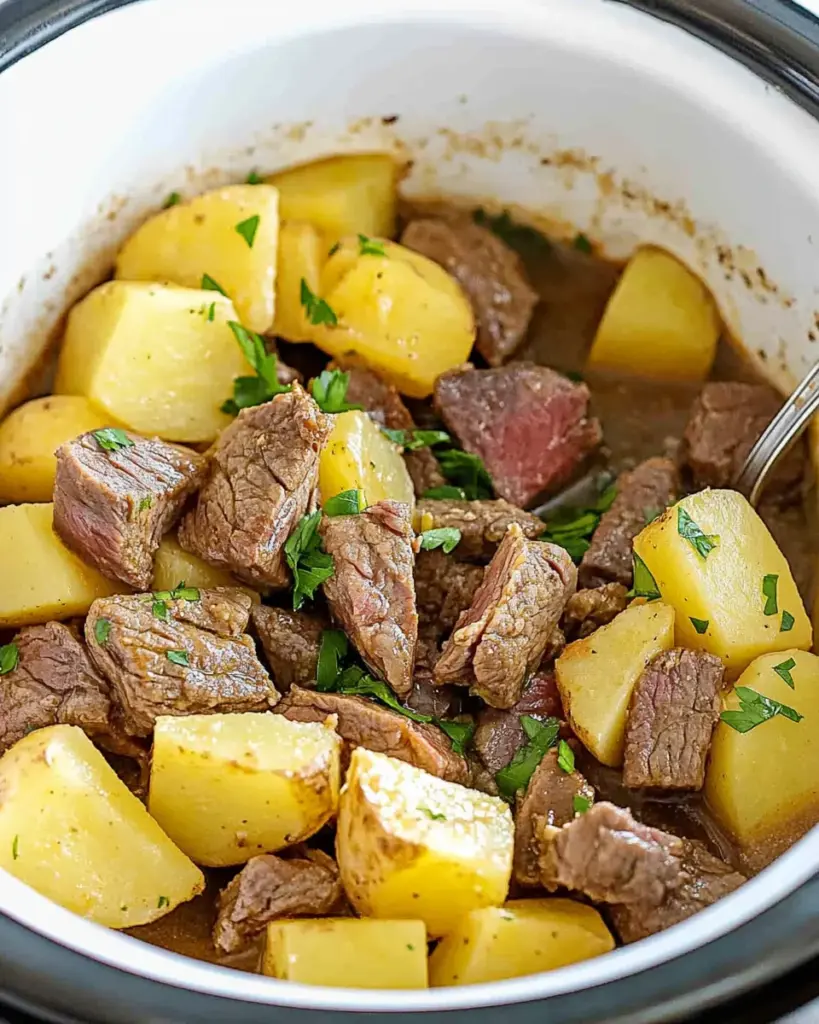 Slow Cooker Steak and Cheddar Potato Casserole: