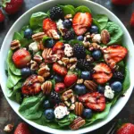 30-Minute Strawberry Spinach Salad with Blueberries, Pecans, Feta cheese, and a Balsamic glaze.