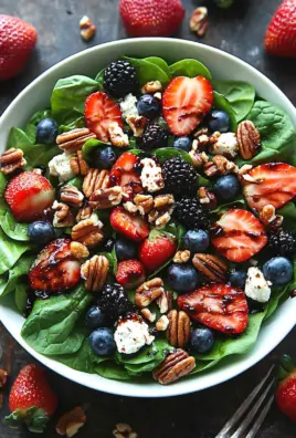 30-Minute Strawberry Spinach Salad with Blueberries, Pecans, Feta cheese, and a Balsamic glaze.