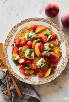 Corn Fritter Caprese with Peaches and Tomatoes