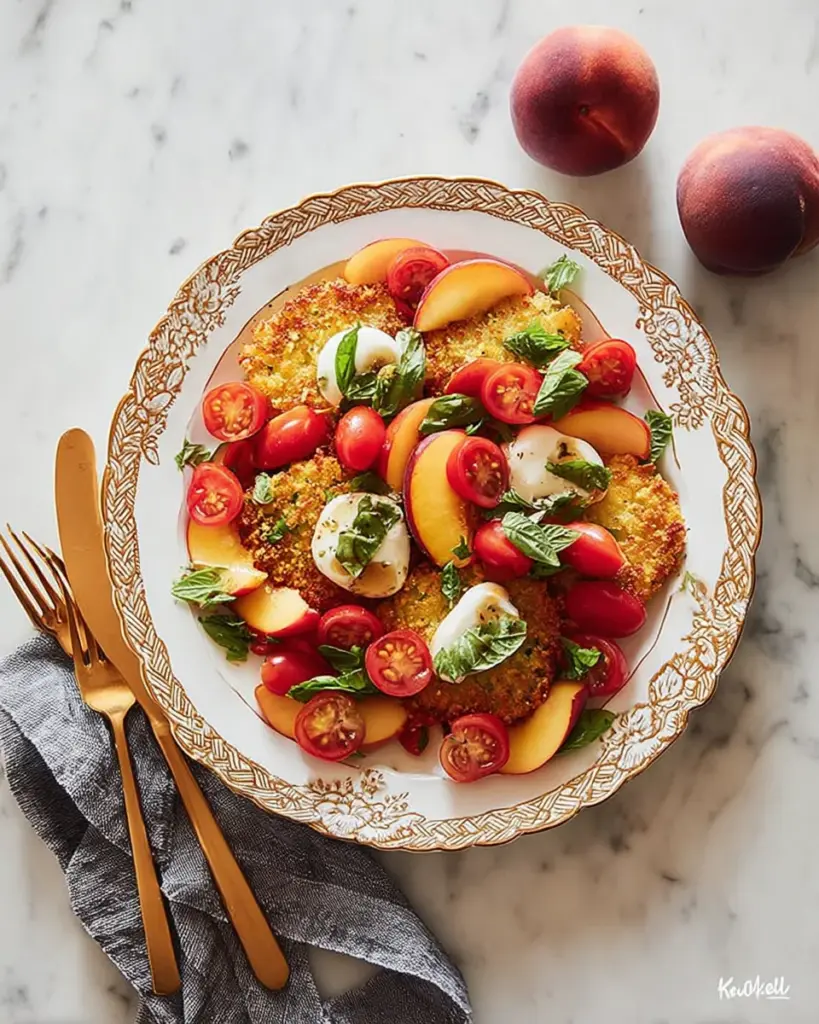 Corn Fritter Caprese with Peaches and Tomatoes