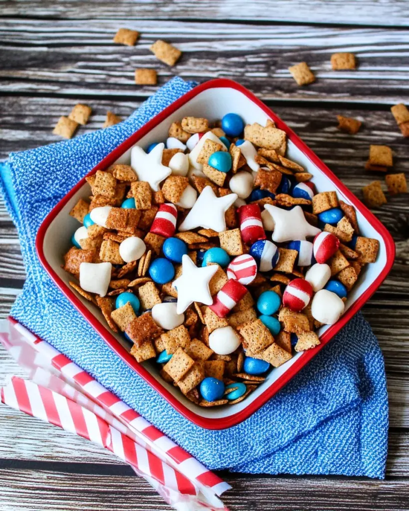 Red, white, and blue snack mix