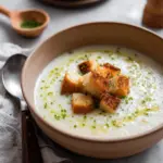 Roasted Garlic Potato Soup with Grilled Cheese Croutons