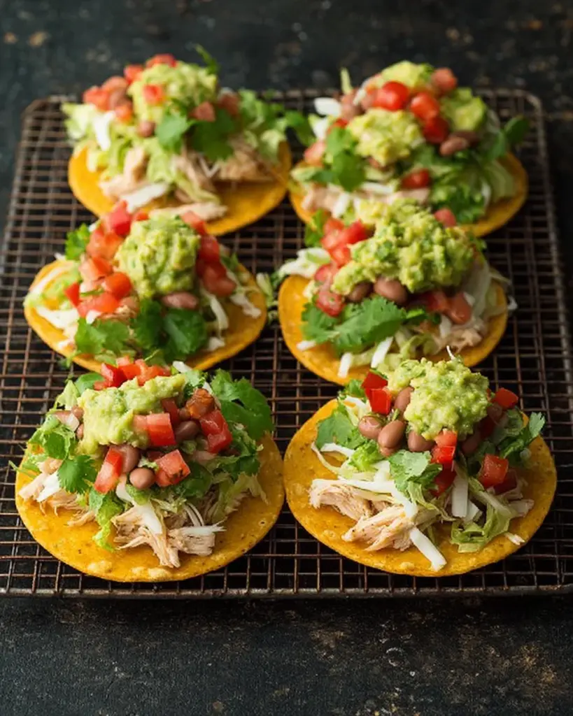 Tostadas with Chicken Guacamole and Beans
