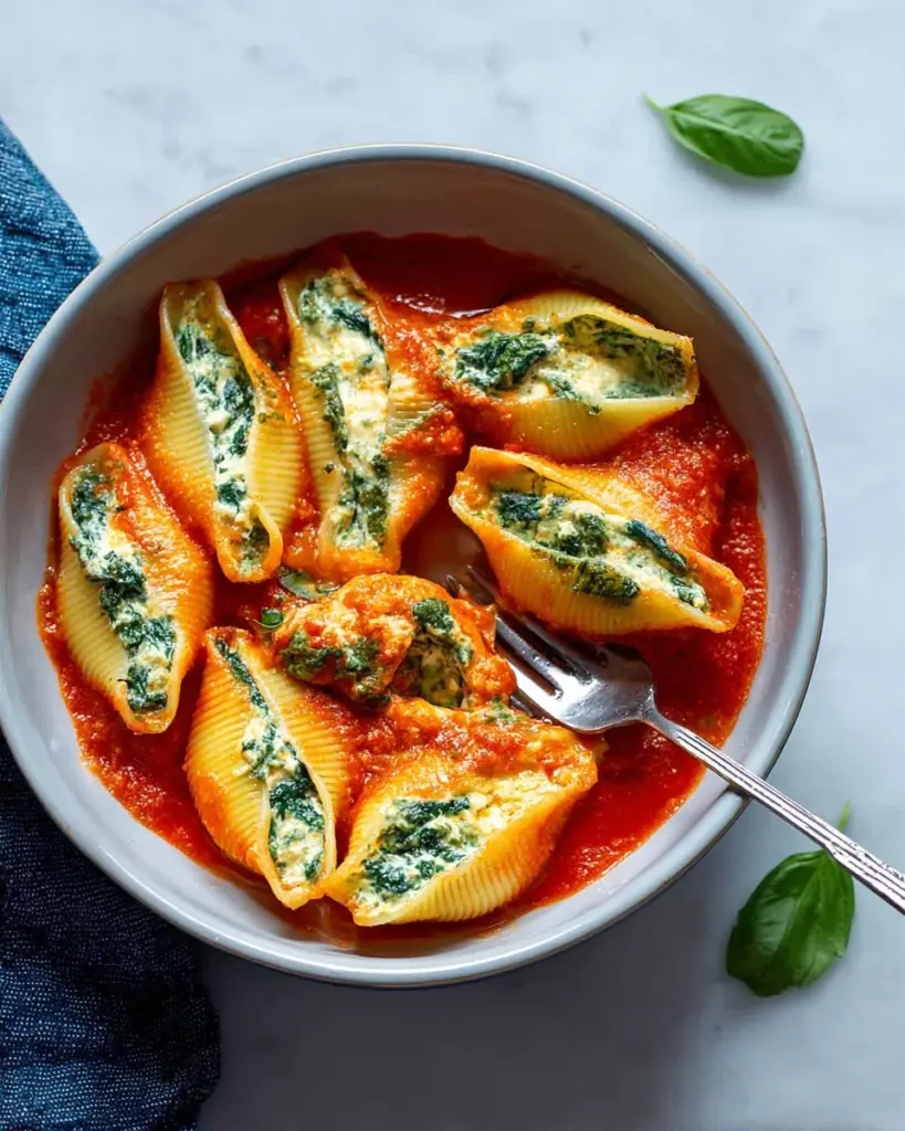 Spinach Ricotta Stuffed Shells with Basil Sauce