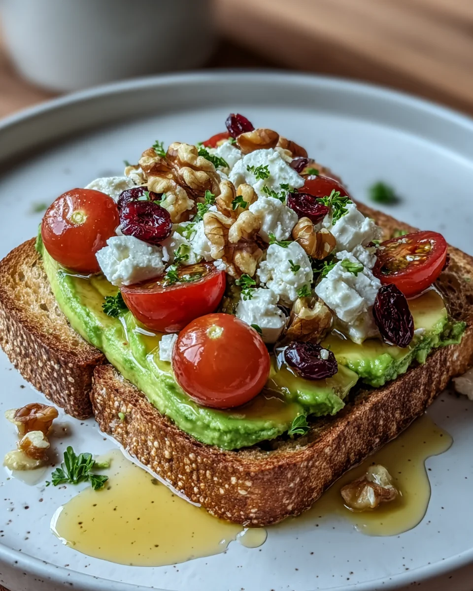 Avocado Toast with Feta, Cherry Tomatoes, Cranberries, and Walnuts