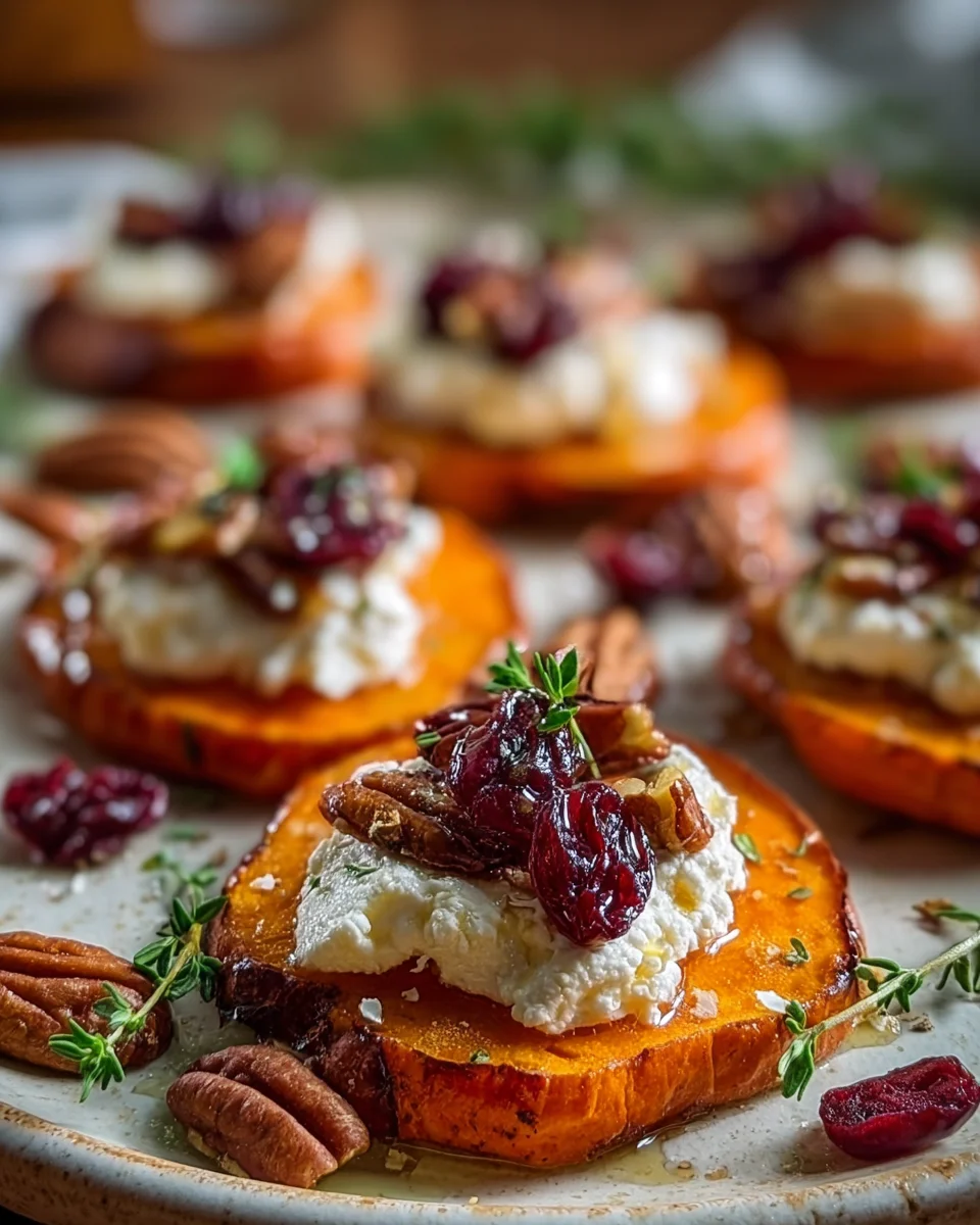 Roasted Sweet Potato Rounds with Whipped Goat Cheese, Cranberries & Pecans