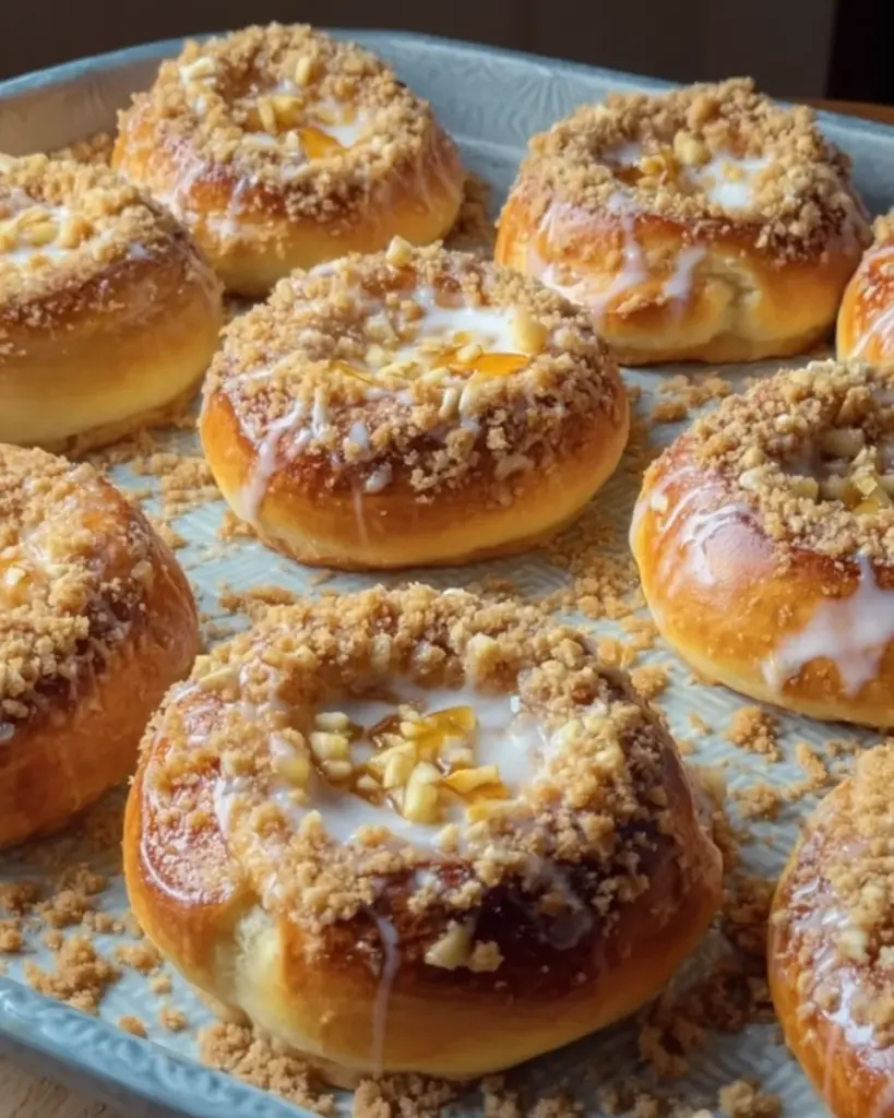 Apple Cheesecake Buns with a Crumble Topping and Sweet Glaze