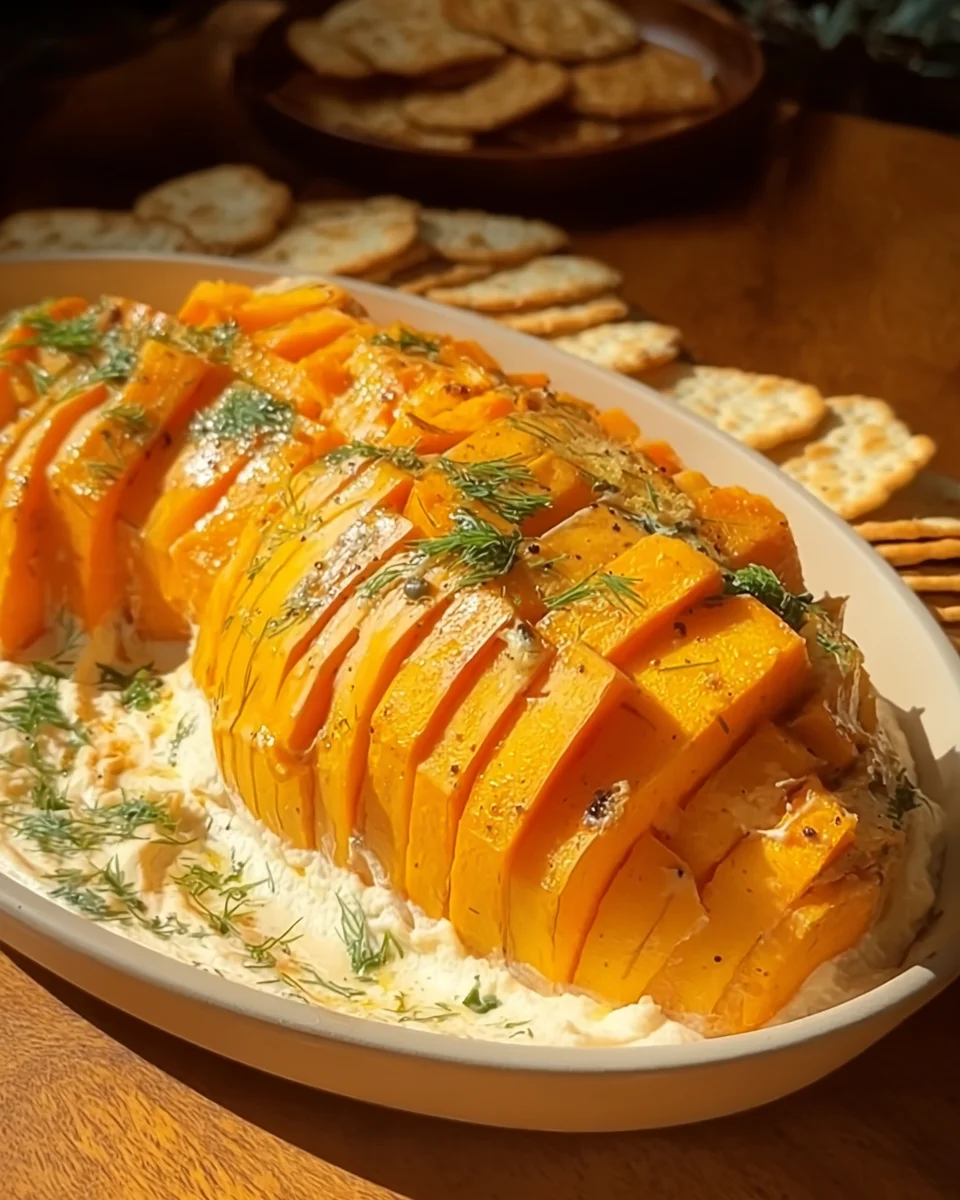 Baked butternut squash on feta dip