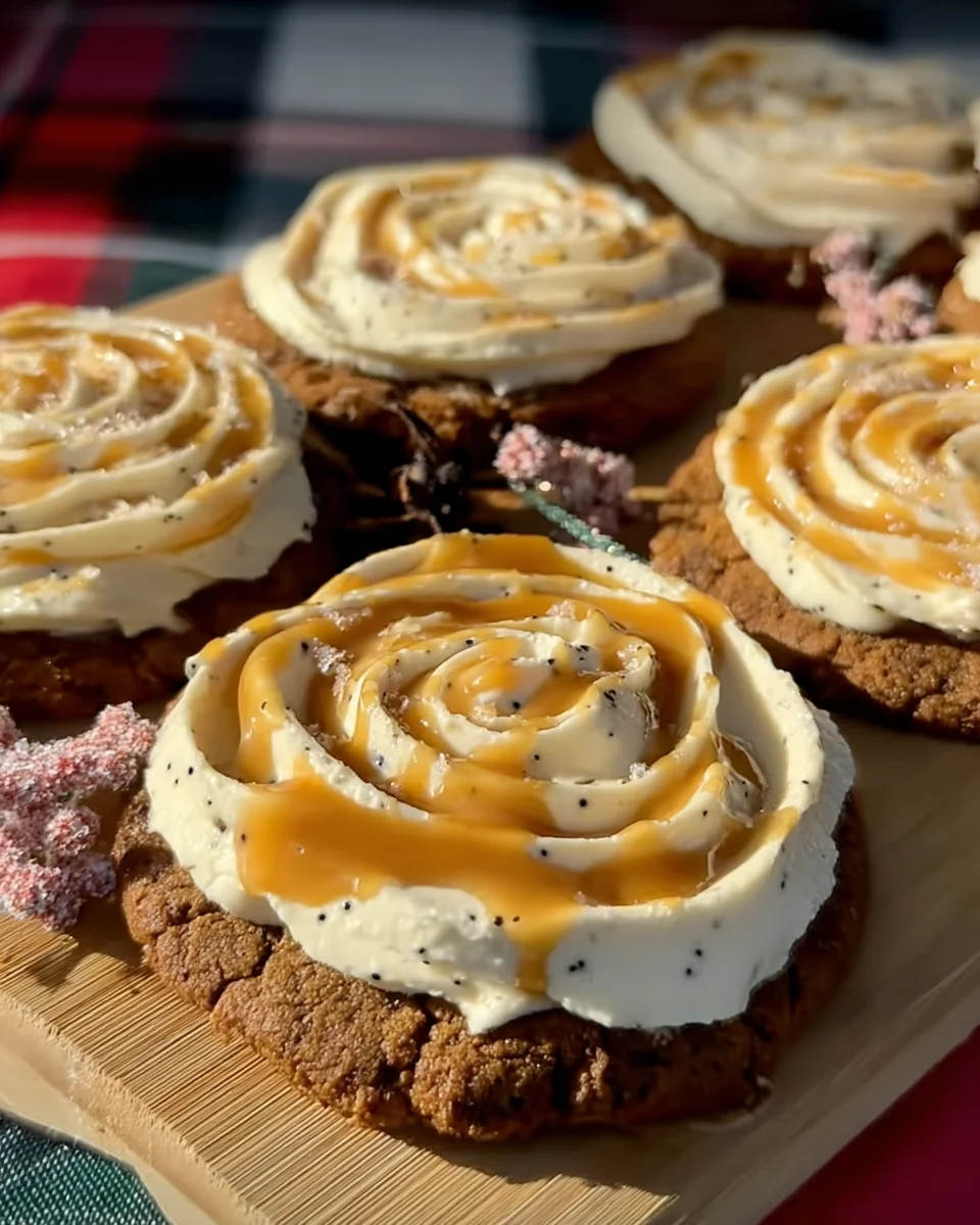 Soft Gingerbread Cookies topped with Vanilla Bean Buttercream Frosting and Salted Caramel Soft