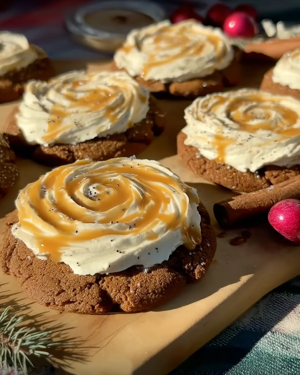 Soft Gingerbread Cookies topped with Vanilla Bean Buttercream Frosting and Salted Caramel Soft