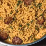 Creamy, spicy garlic noodles with sausage