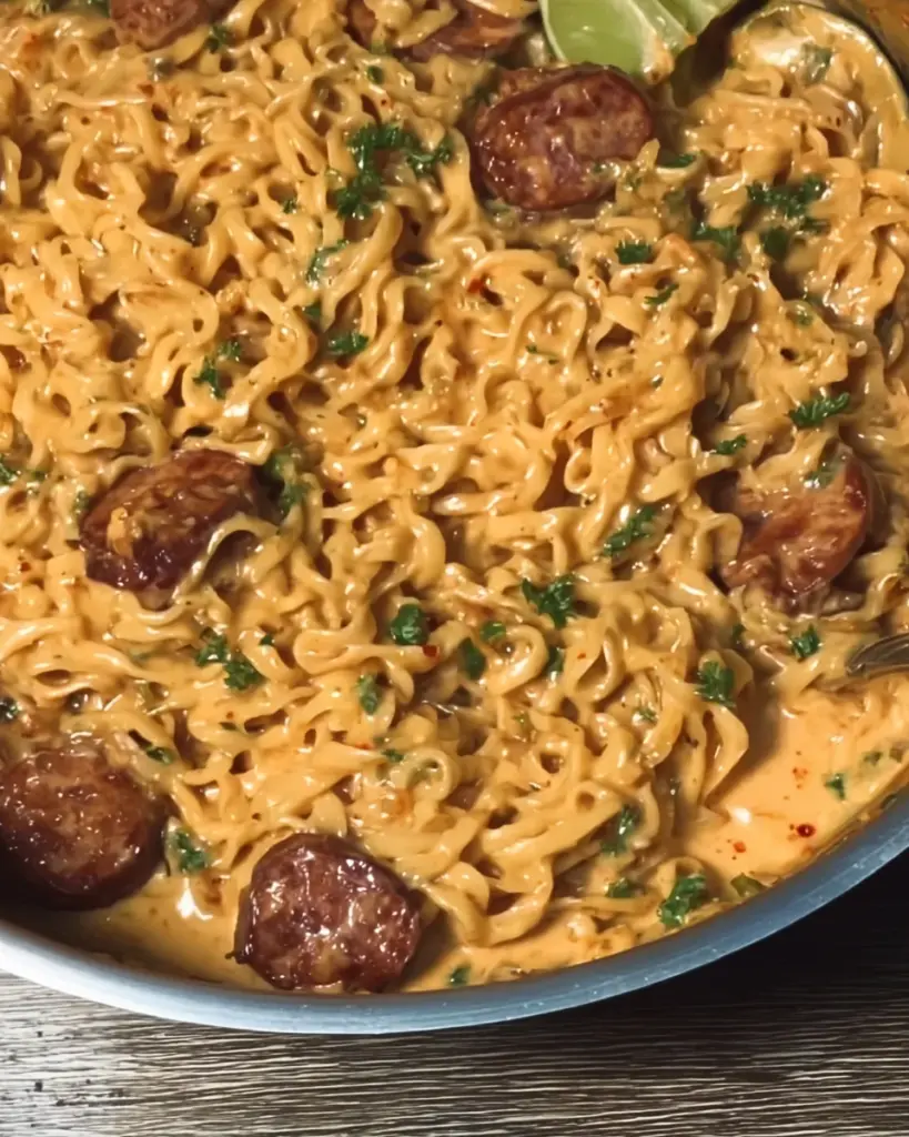 Creamy, spicy garlic noodles with sausage
