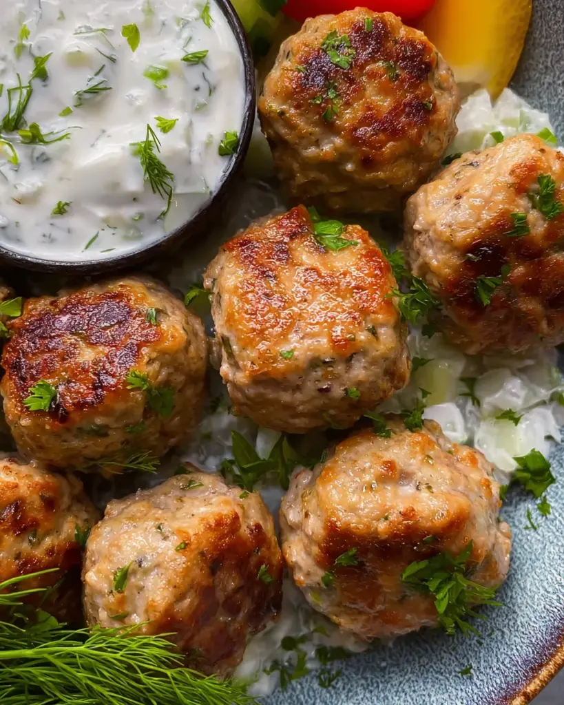 GREEK TURKEY MEATBALLS with HOMEMADE TZATZIKI