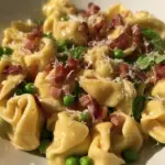 Tortellini with crispy pancetta and sweet baby peas