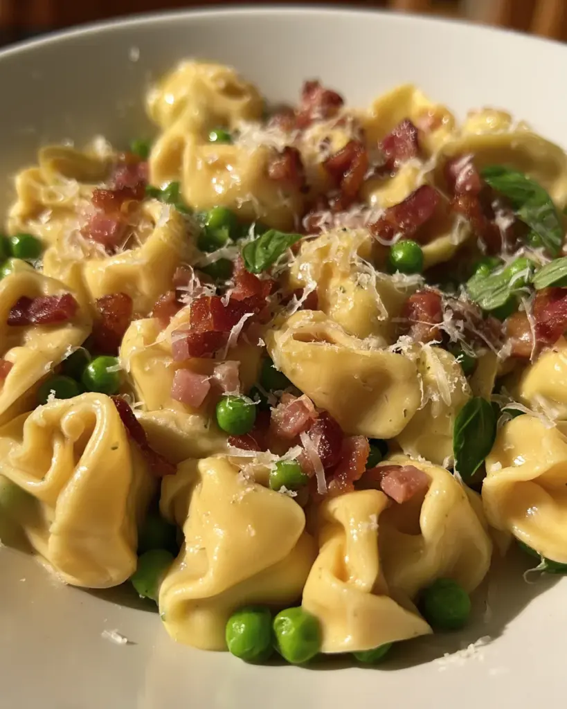 Tortellini with crispy pancetta and sweet baby peas