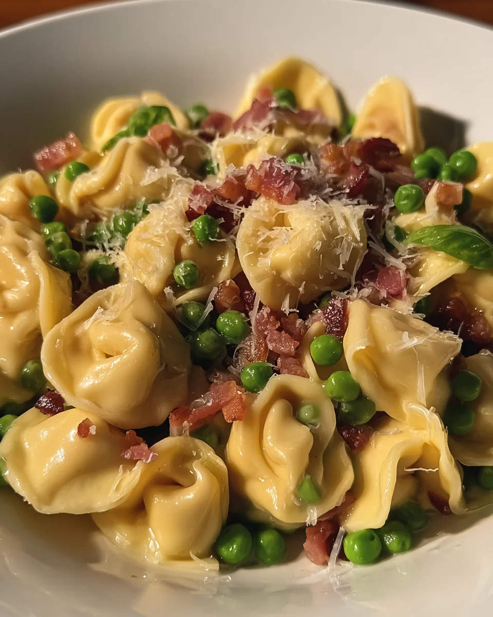 Tortellini with crispy pancetta and sweet baby peas Tortellini