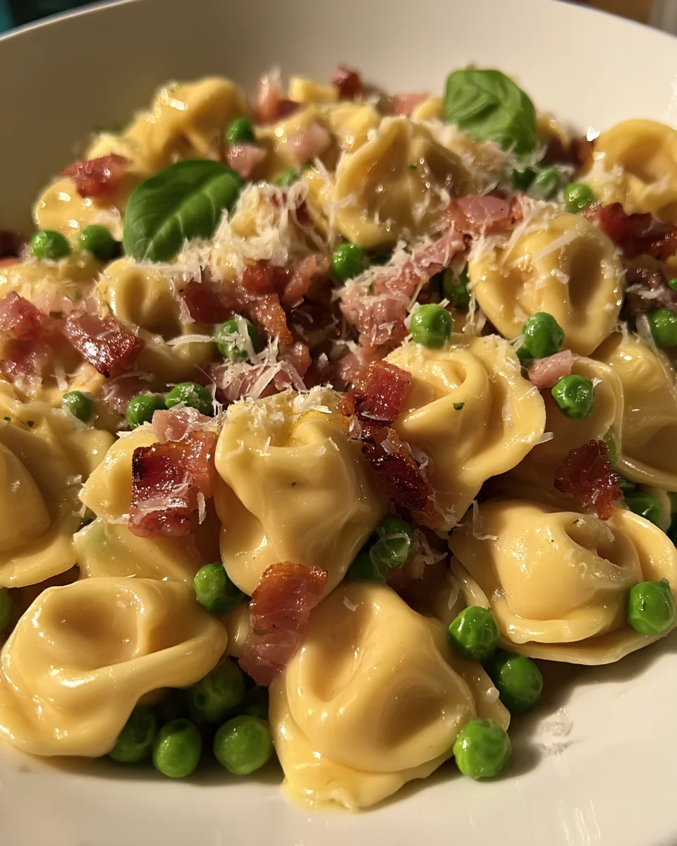 Tortellini with crispy pancetta and sweet baby peas Tortellini