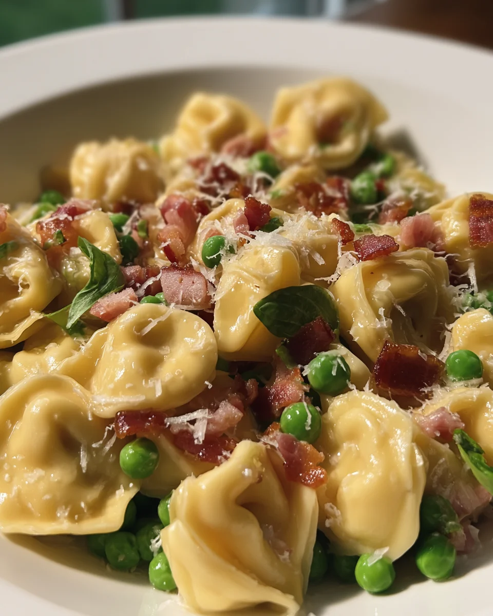 Tortellini with crispy pancetta and sweet baby peas Tortellini
