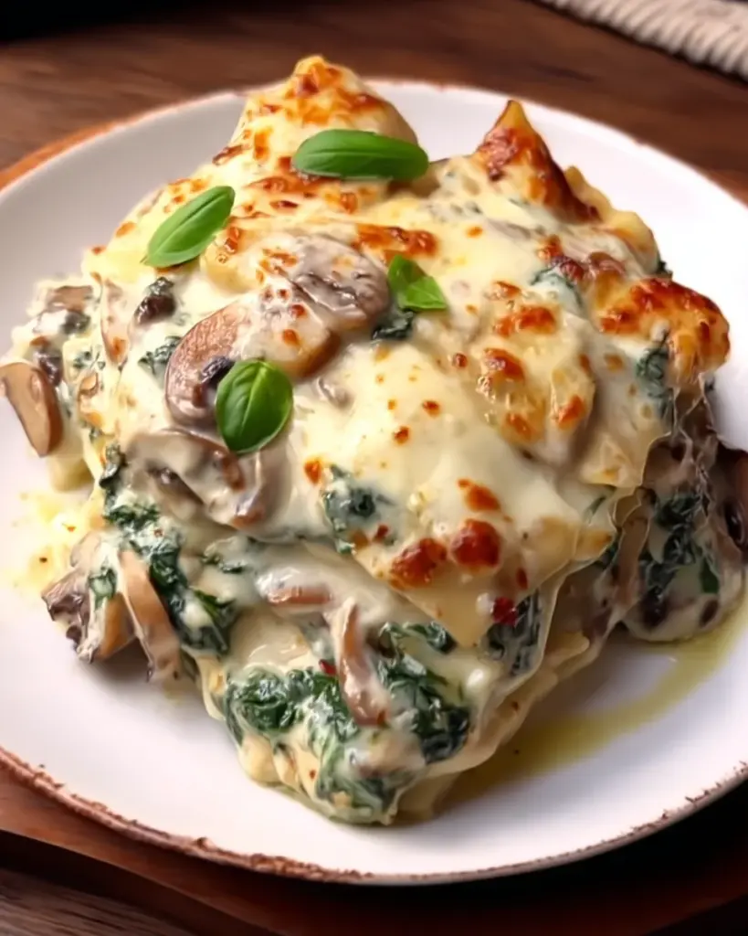 WHITE LASAGNA WITH GARLICKY GREENS & MUSHROOMS