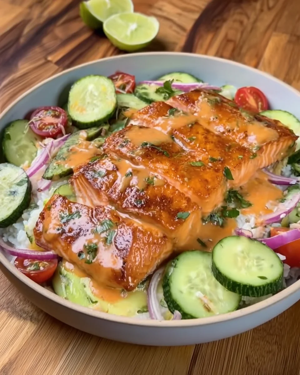 Air Fryer Bang Bang Salmon with Cucumber Salad Air