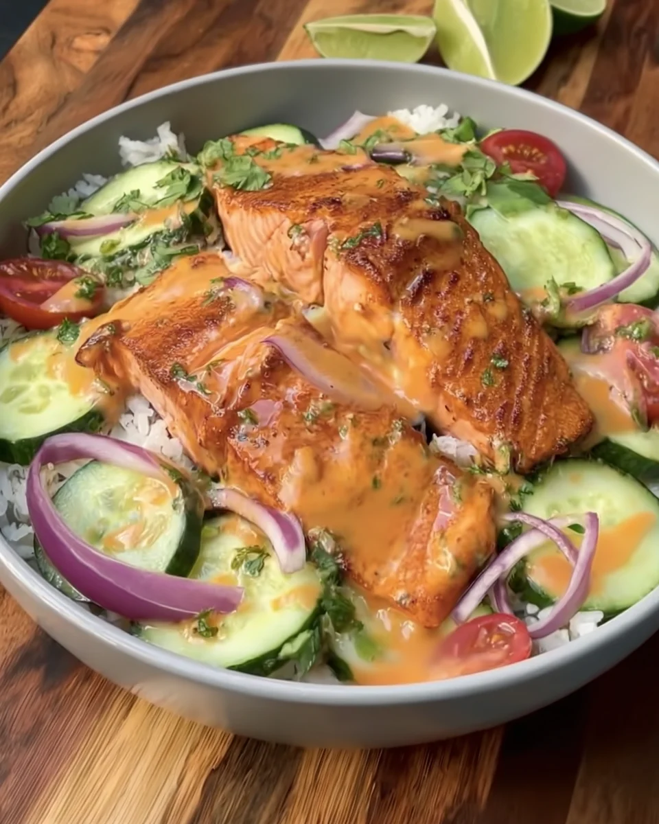 Air Fryer Bang Bang Salmon with Cucumber Salad Air