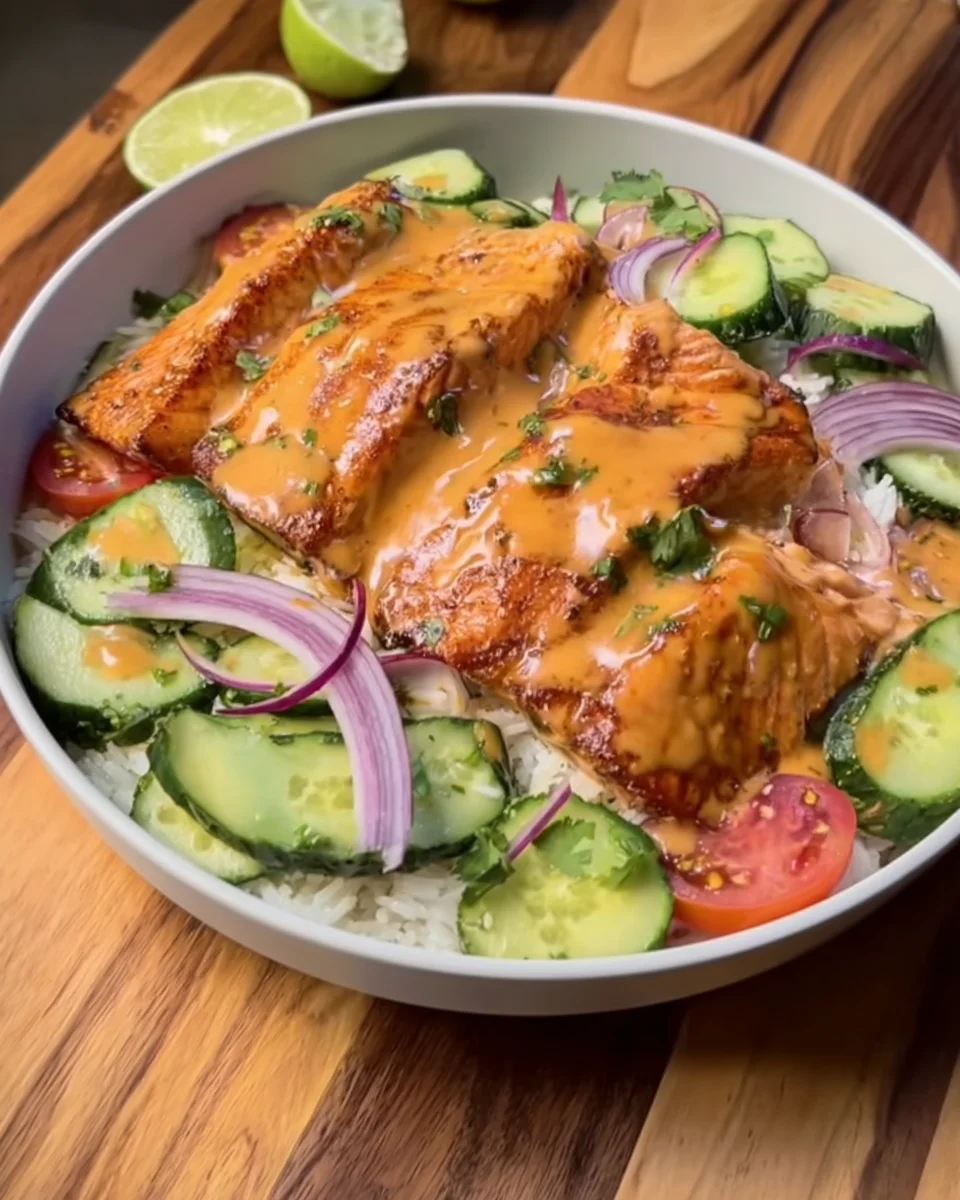 Air Fryer Bang Bang Salmon with Cucumber Salad Air