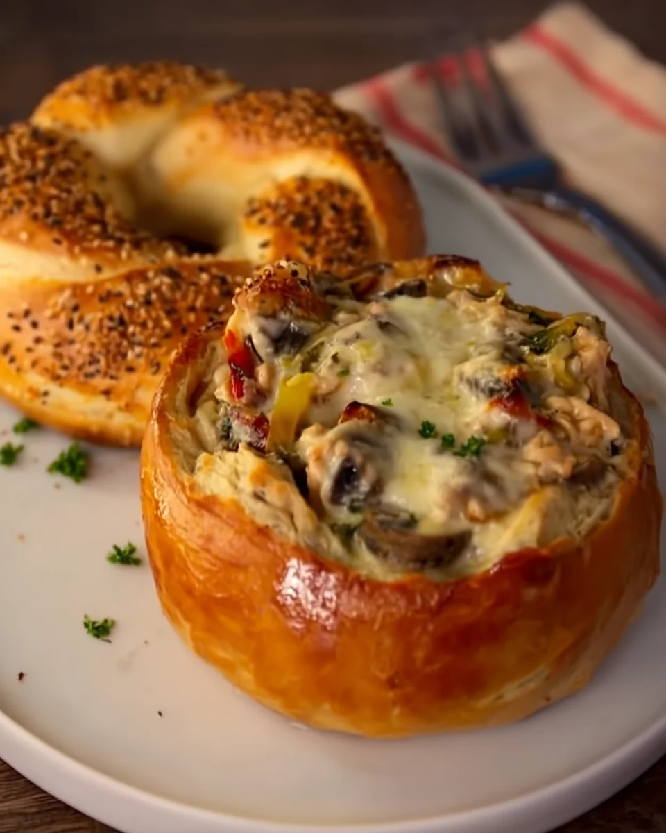 Bread Pots filled with chicken, mushrooms and cheese