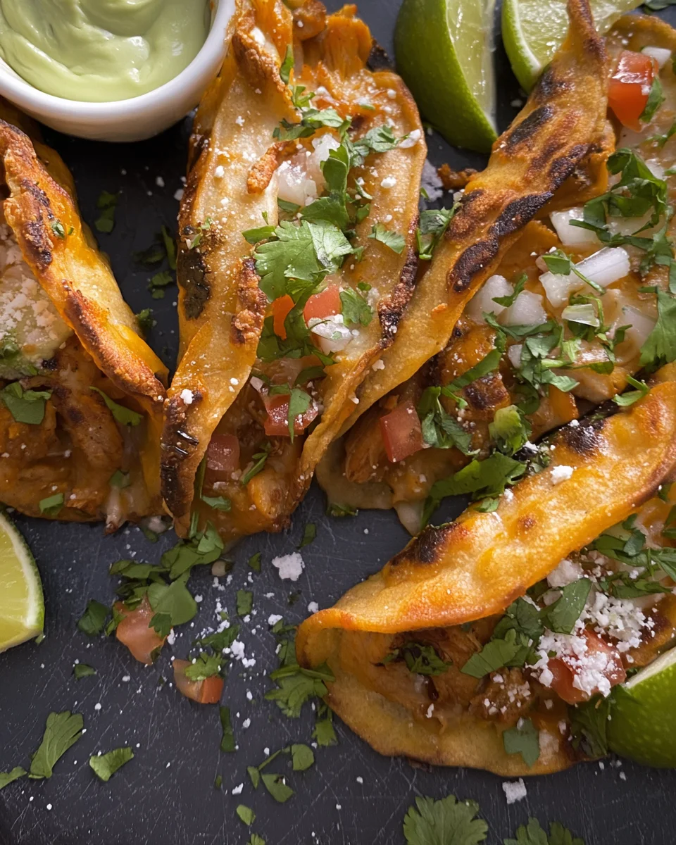 CRISPY CHICKEN CARNITAS TACOS with AVOCADO CILANTRO LIME SAUCE