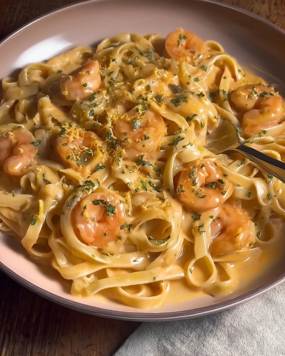 Creamy garlic butter prawn pasta Creamy