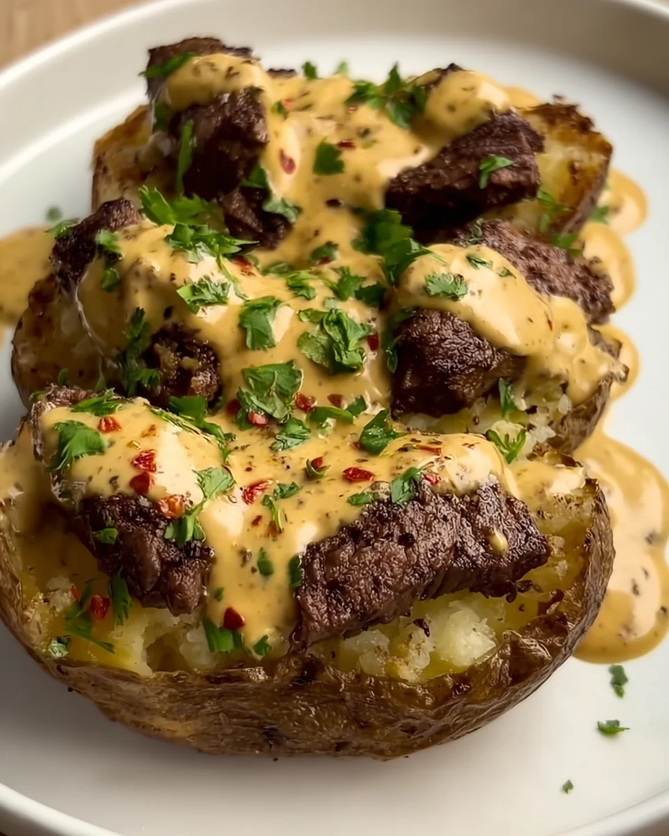 Steak Stuffed Potatoes with Parmesan Cream Sauce