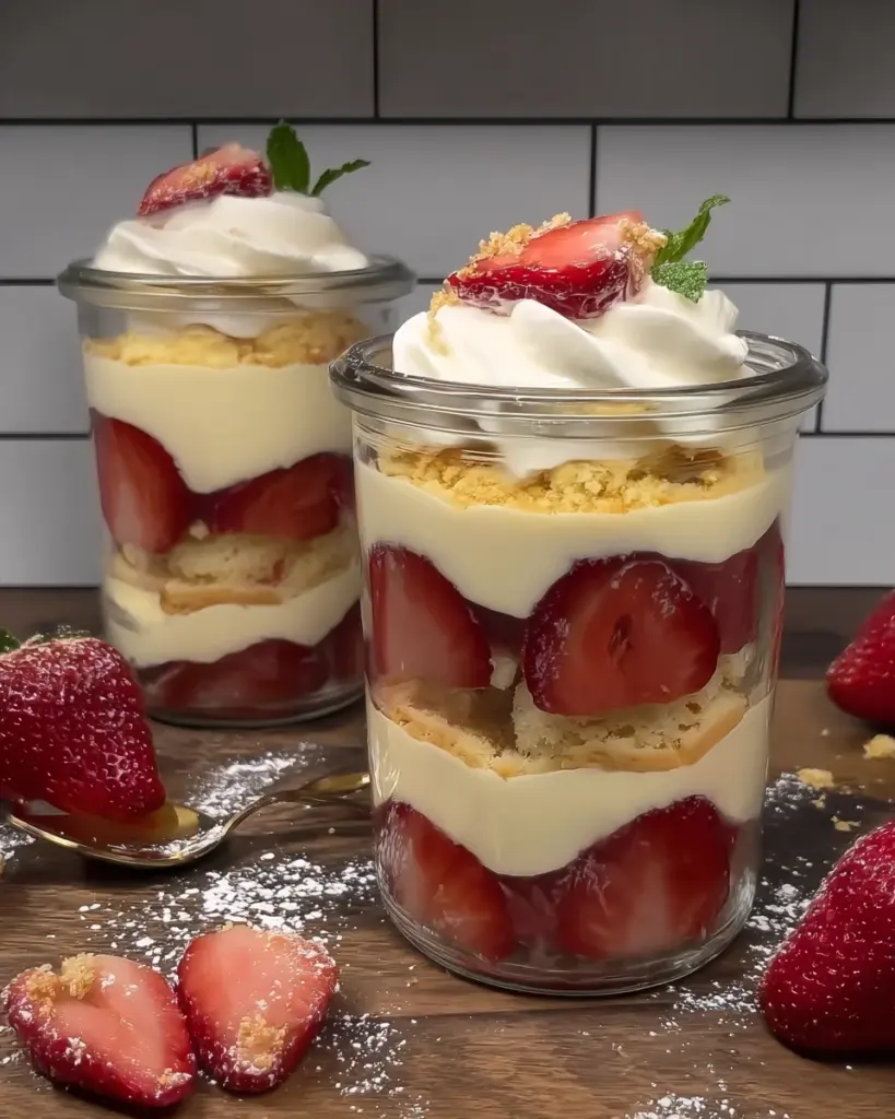 No-Bake Strawberry Shortcake Trifle Cups with only 6 ingredients!