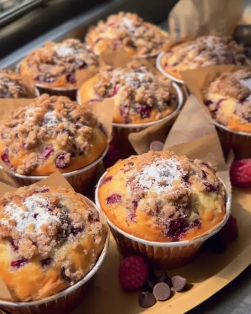 Raspberry and Chocolate Chip Muffins with Crumble Topping