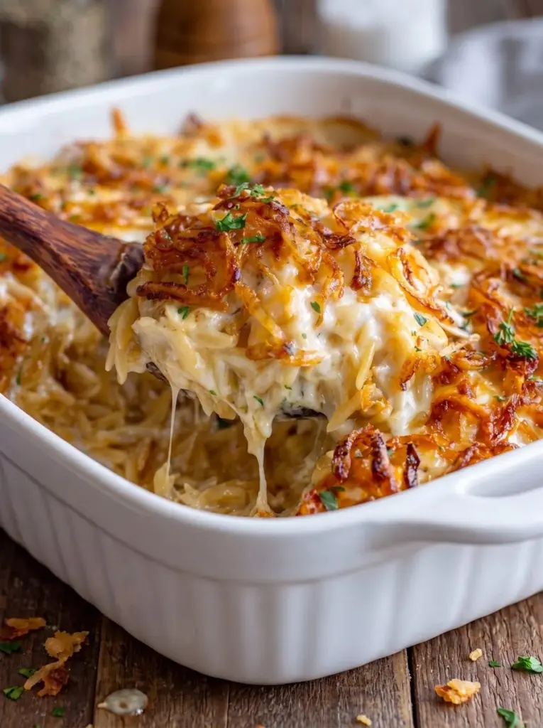 French Onion Chicken Orzo Casserole