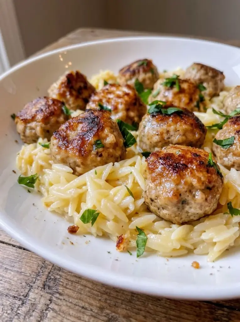 Lemon Chicken Ricotta Meatballs with Garlic Orzo