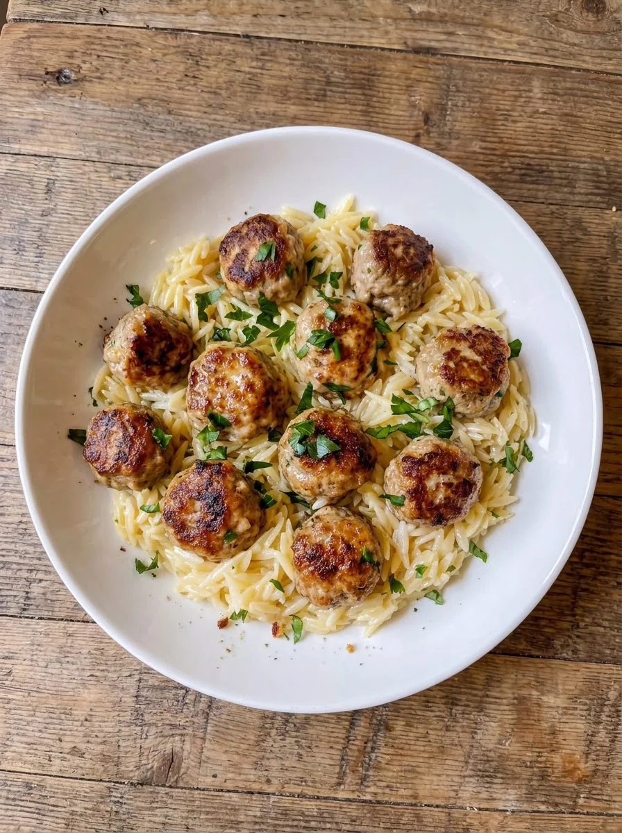 Lemon Chicken Ricotta Meatballs with Garlic Orzo Lemon