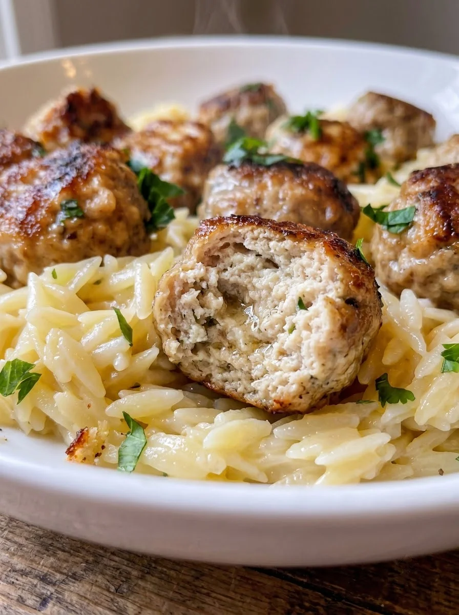 Lemon Chicken Ricotta Meatballs with Garlic Orzo Lemon