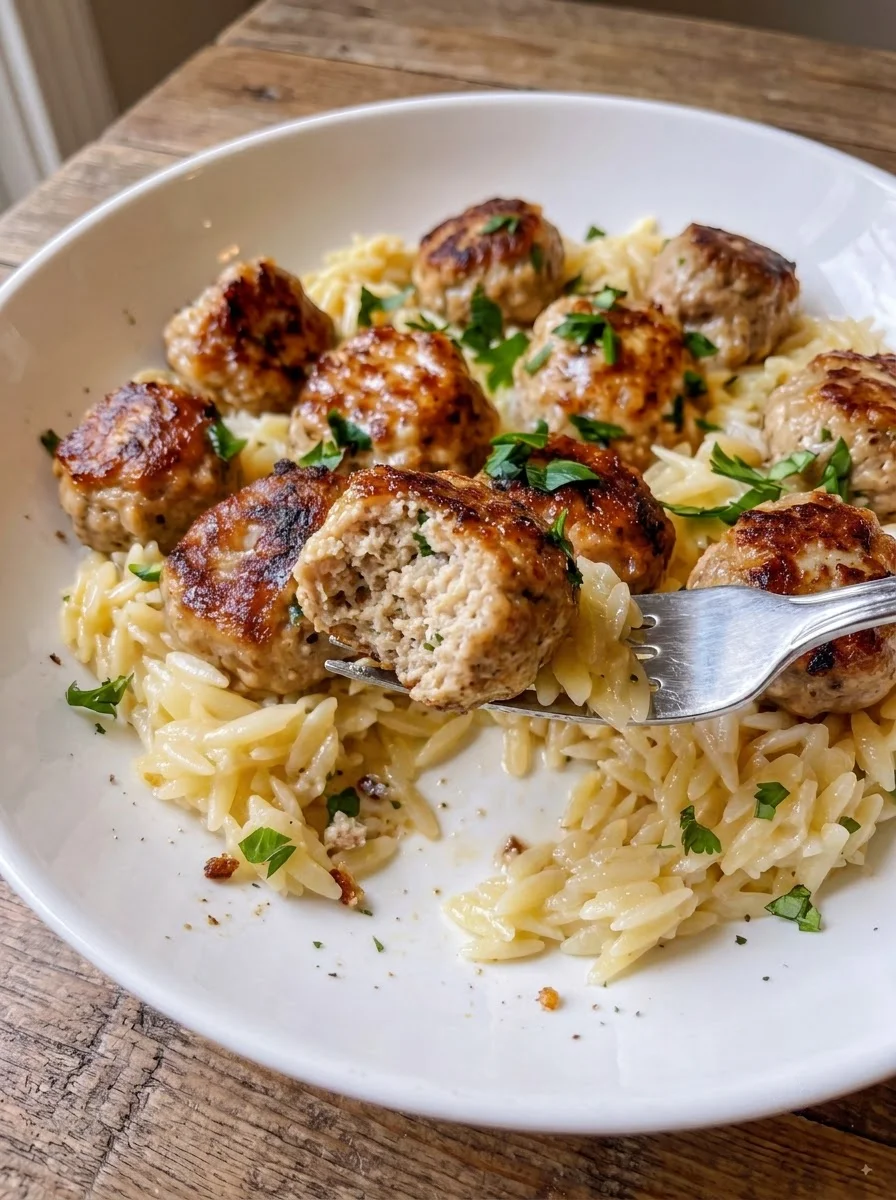 Lemon Chicken Ricotta Meatballs with Garlic Orzo Lemon