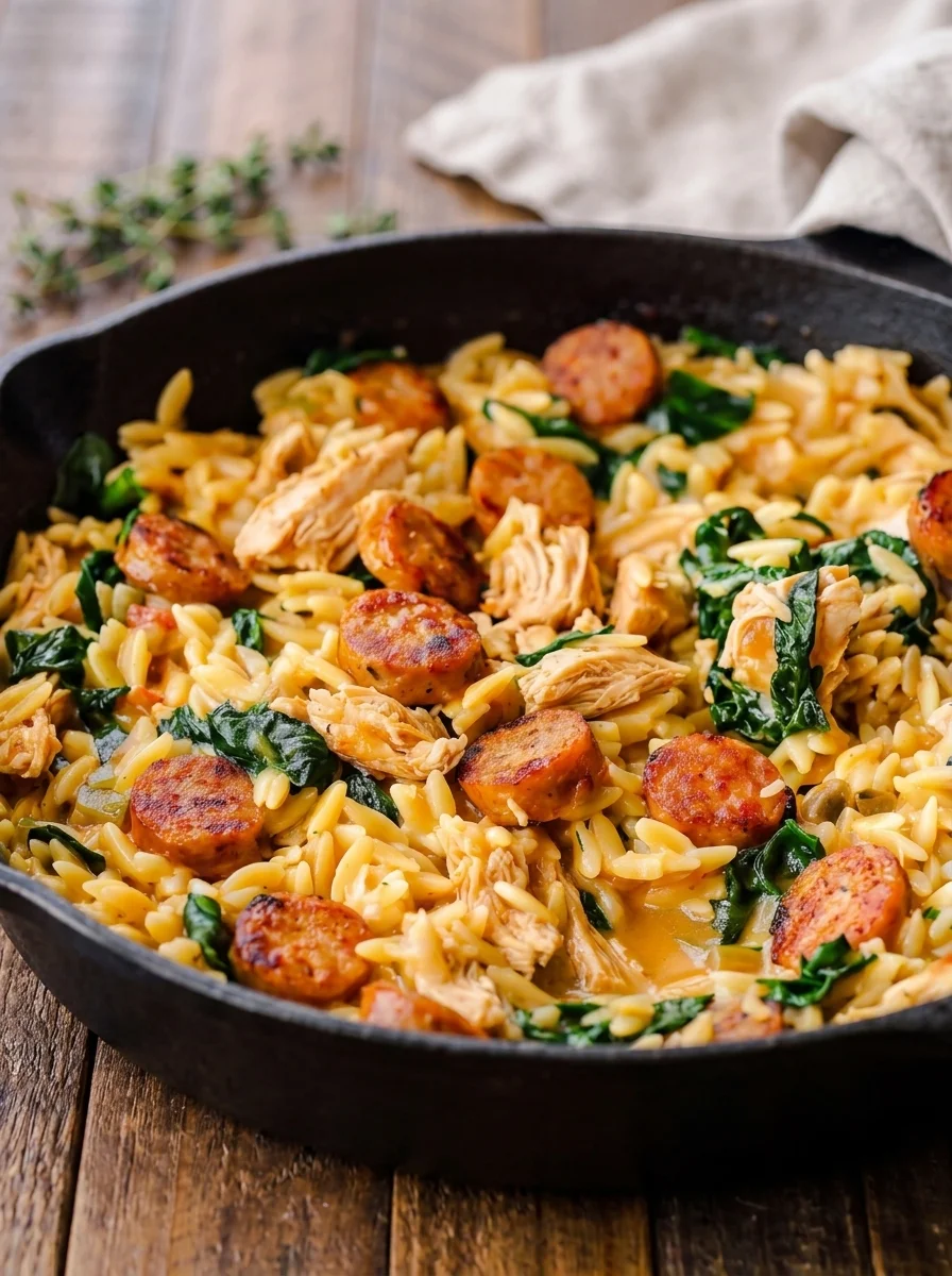 Creamy Chicken Sausage Orzo Skillet