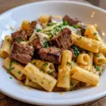 Garlic Butter Steak Tips with Cheesy Rigatoni