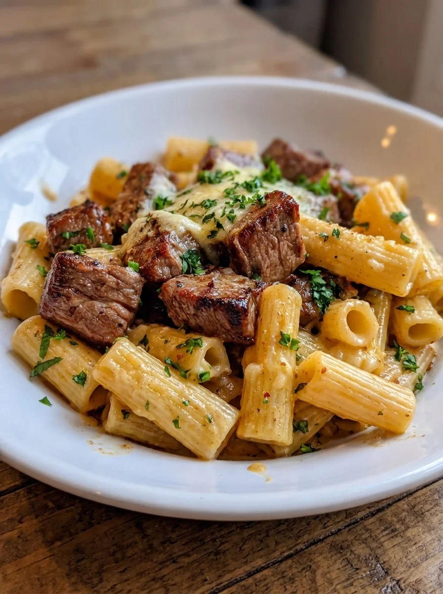 Garlic Butter Steak Tips with Cheesy Rigatoni