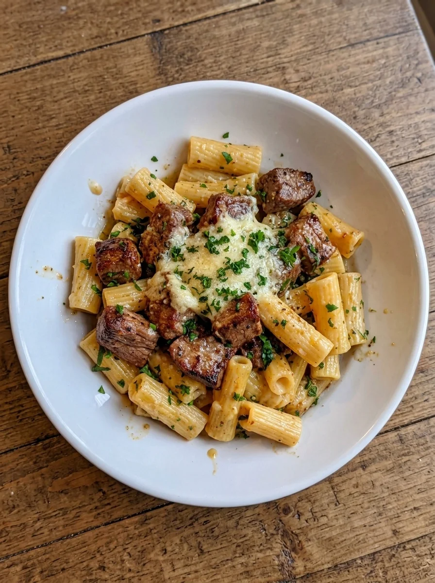 Garlic Butter Steak Tips with Cheesy Rigatoni Garlic