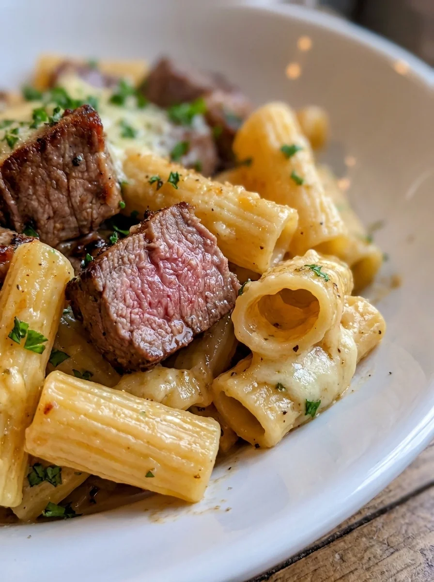 Garlic Butter Steak Tips with Cheesy Rigatoni Garlic