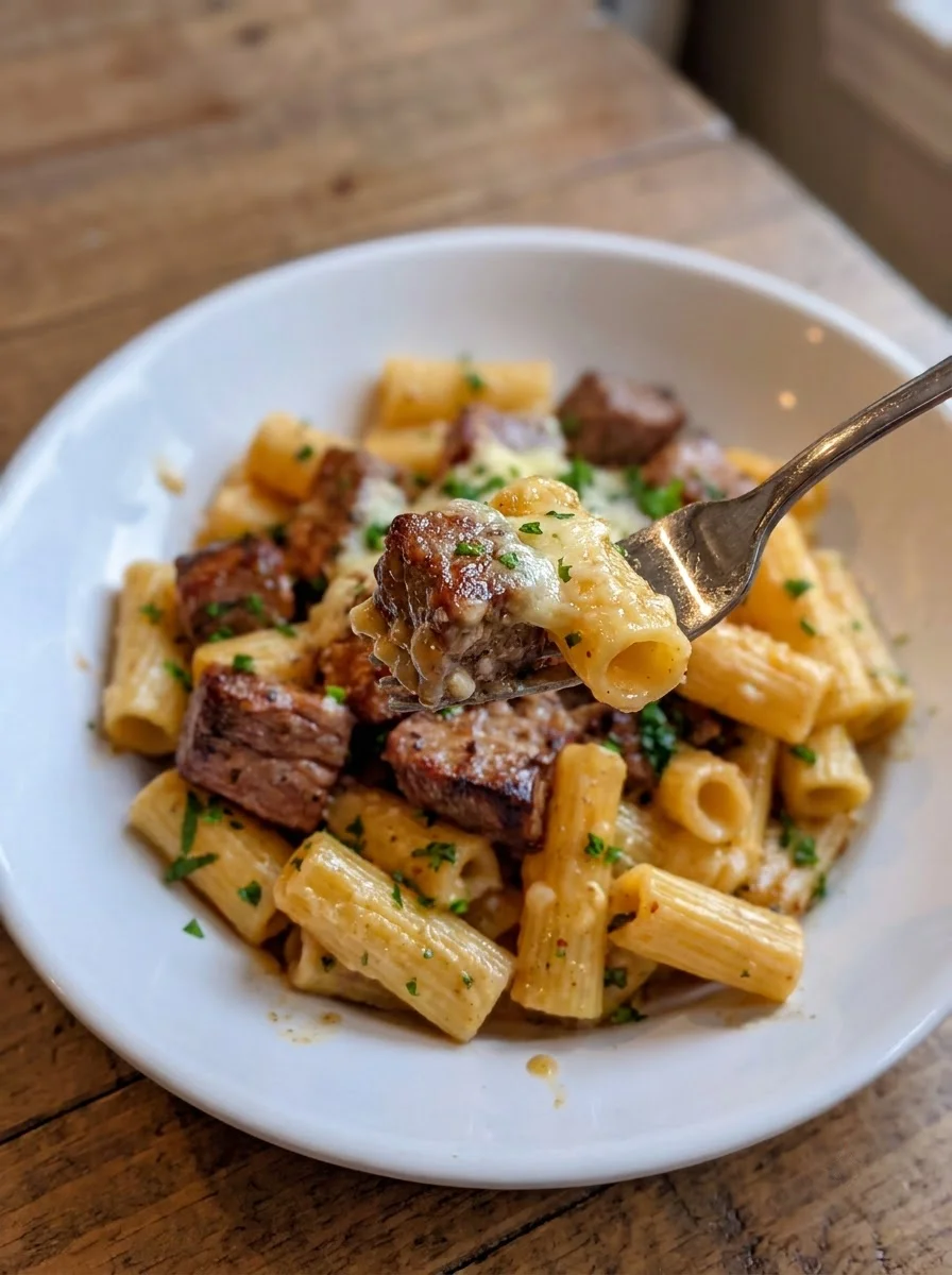 Garlic Butter Steak Tips with Cheesy Rigatoni Garlic