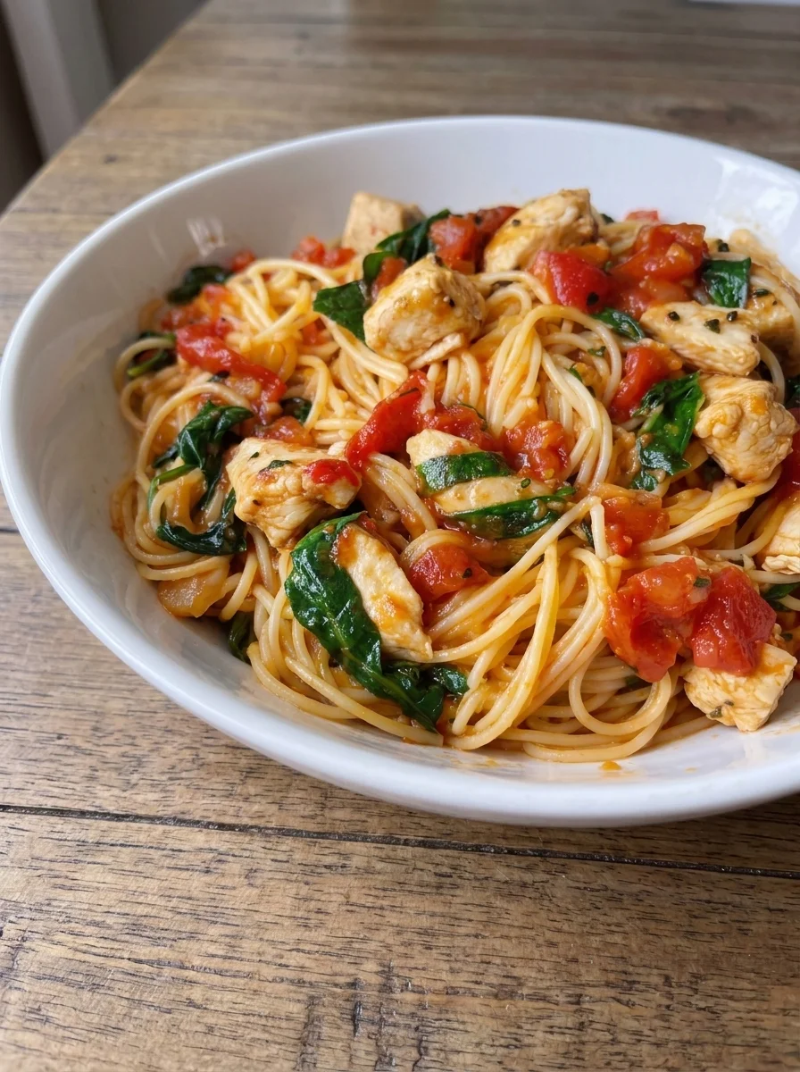 Tomato Spinach Chicken Spaghetti